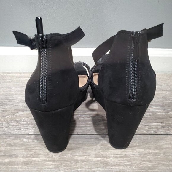 Torrid Women's Sz 10 WW Black Wedge Heels Back Heel Zipper Open Toe Rhinestones - Picture 5 of 15